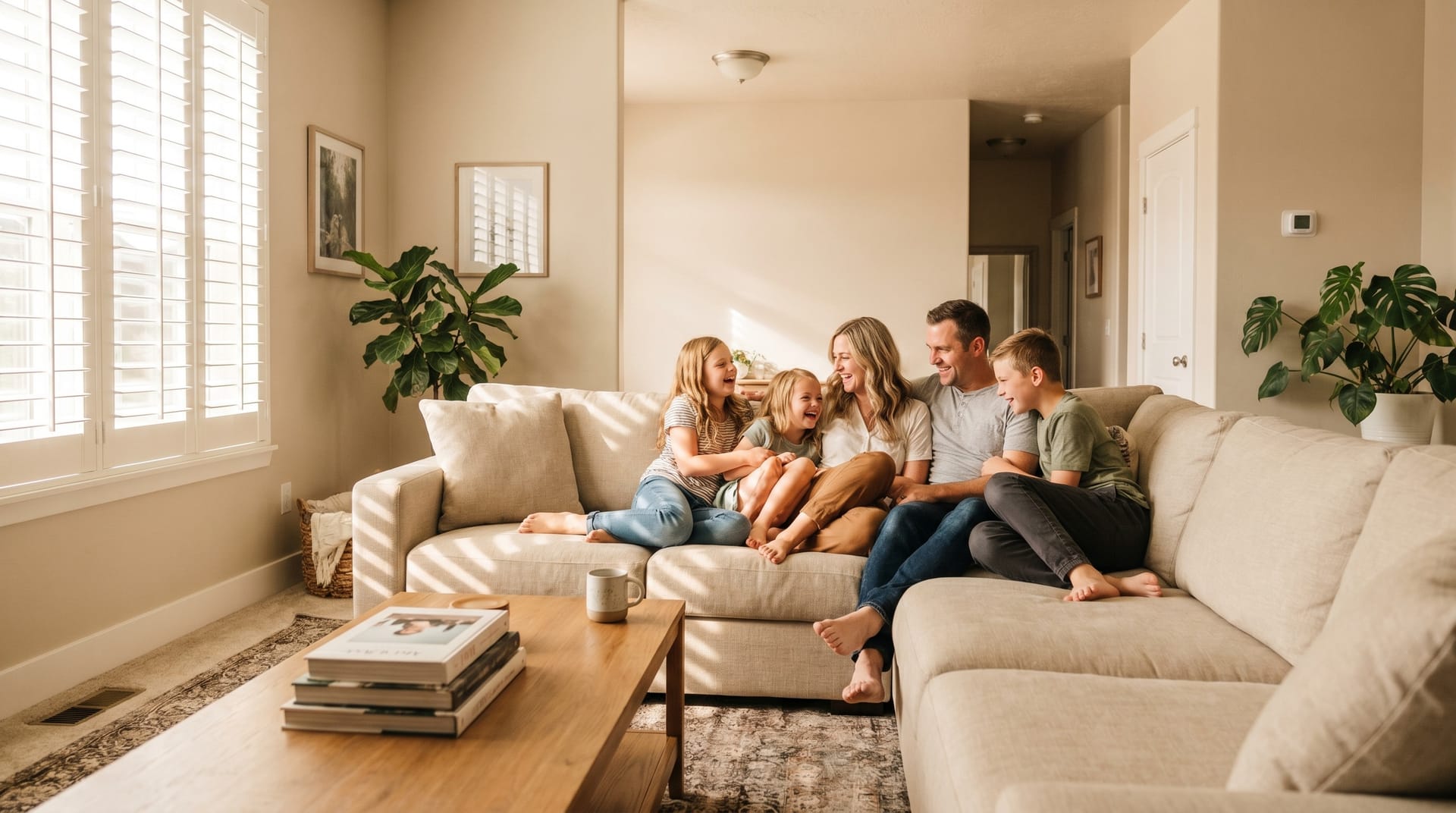 Utah family relaxing together in a sunlit living room