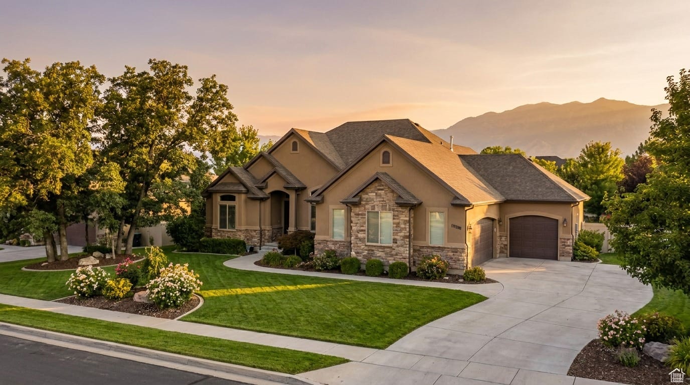 A well-kept Wasatch Front suburban home in golden-hour light